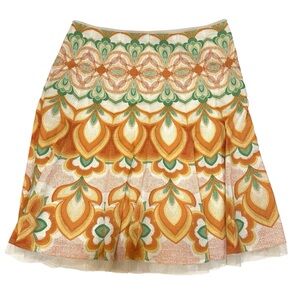 T Tahari Women's Linen Floral Print A-Line Skirt, Orange/Cream/Green, Size 12